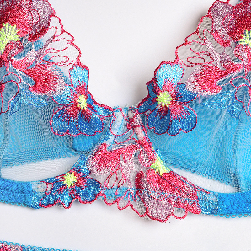 Conjunto de lencería sexy transparente de color sólido con tirantes bordados de flores NSMXF114548