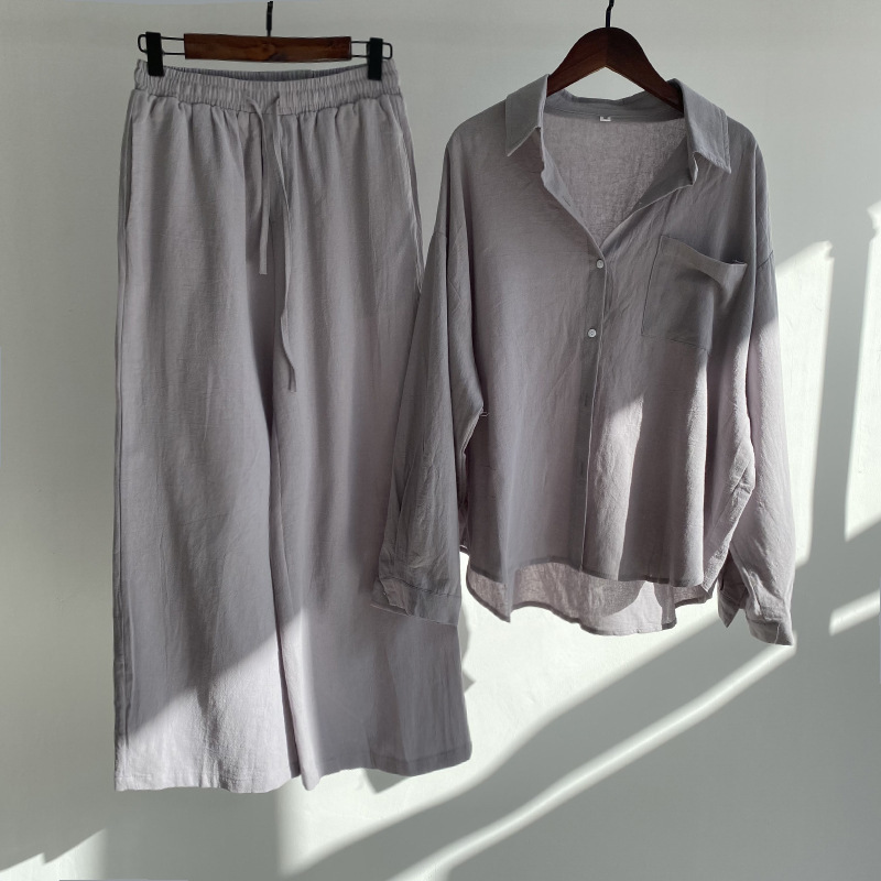 Spring and summer 2023 cross-border cotton and linen retro large size two-piece women's loose trousers shirt set women's foreign trade Wholesale