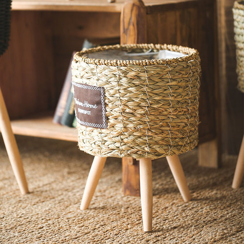 Floor-standing flower stand, straw woven flower basket, rattan woven flower basin, floor decoration, living room balcony, simple pastoral flower vessel