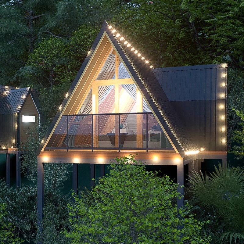 Casa de madera triangular red de lujo al aire libre salvaje cabaña de vacaciones alojamiento residencial pequeña casa de diseño villa patio casa en el árbol