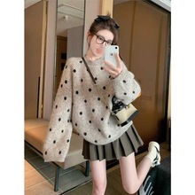 圣诞新年红波点套头毛衣女新款秋冬宽松休闲慵懒风时髦针织衫上衣