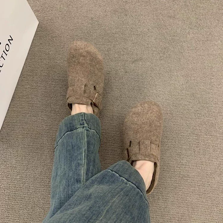 Ретро войлочные Birkenstock для женщин, 2024 новая осень-зима, плюшевые однофутовые ленивые хлопковые мокасины на плоской подошве