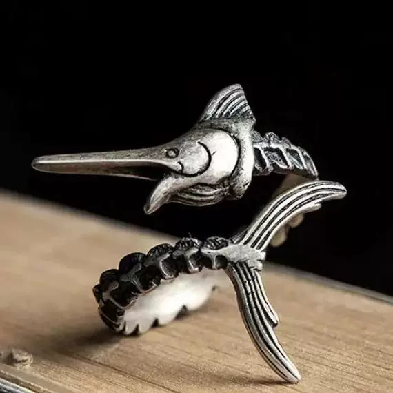 Retro one size ring for elderly, flying fish, men's style