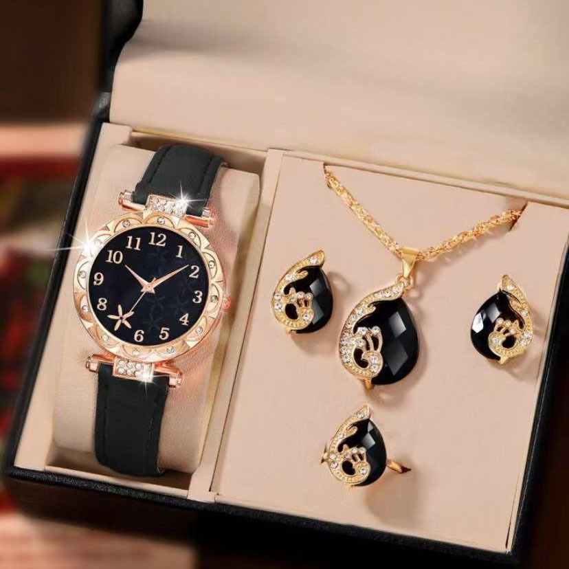 5Pcs Fashion Butterfly Women's Watch Leather Strap Ladies Quartz Watch Jewelry Set