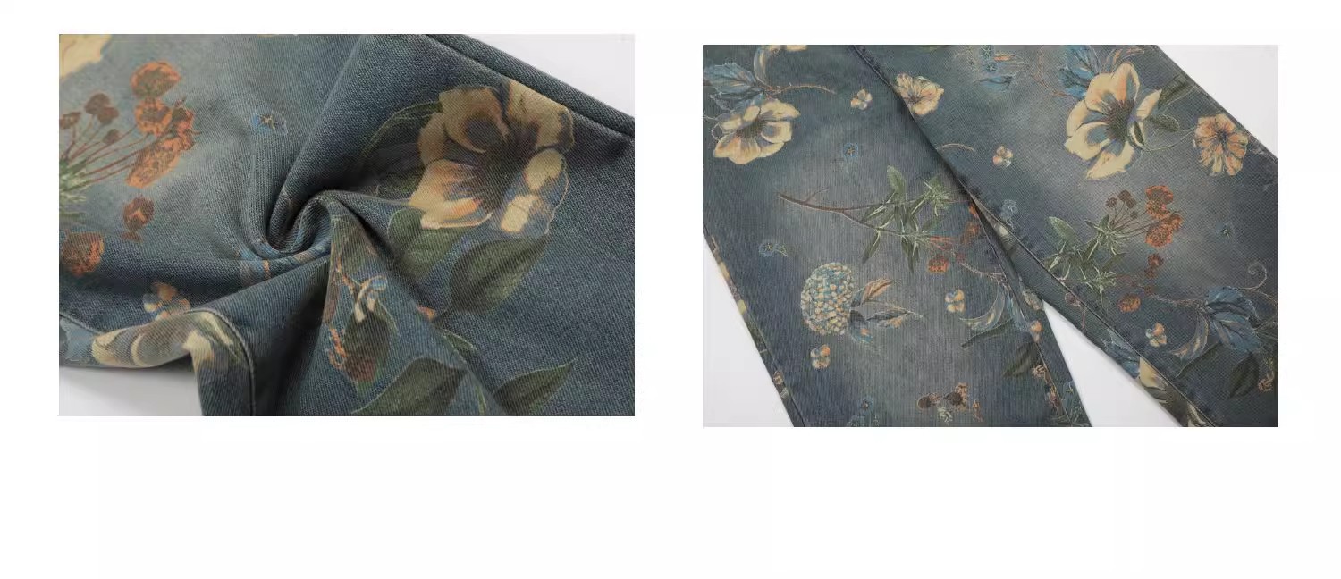 Unisex Retro Floral Print Loose Fit Straight Leg Jeans Hand-Painted Design Blue Trousers S-3XL_mkmklike.com