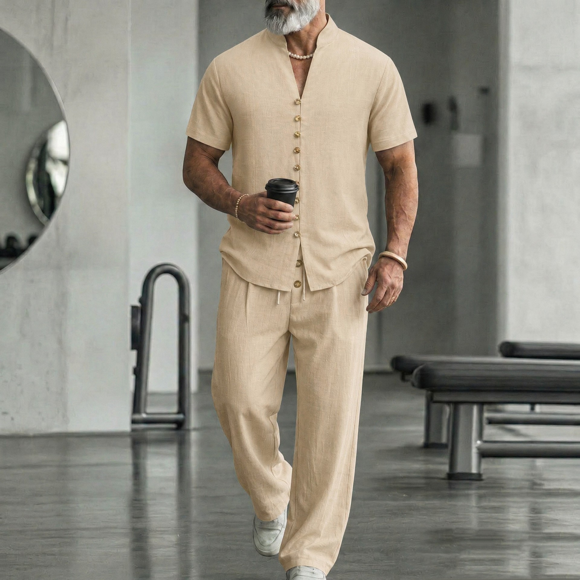 Herren Leinenhemd Mit Hose Set Lässiger Zweiteiler Für Männer_voghion.com
