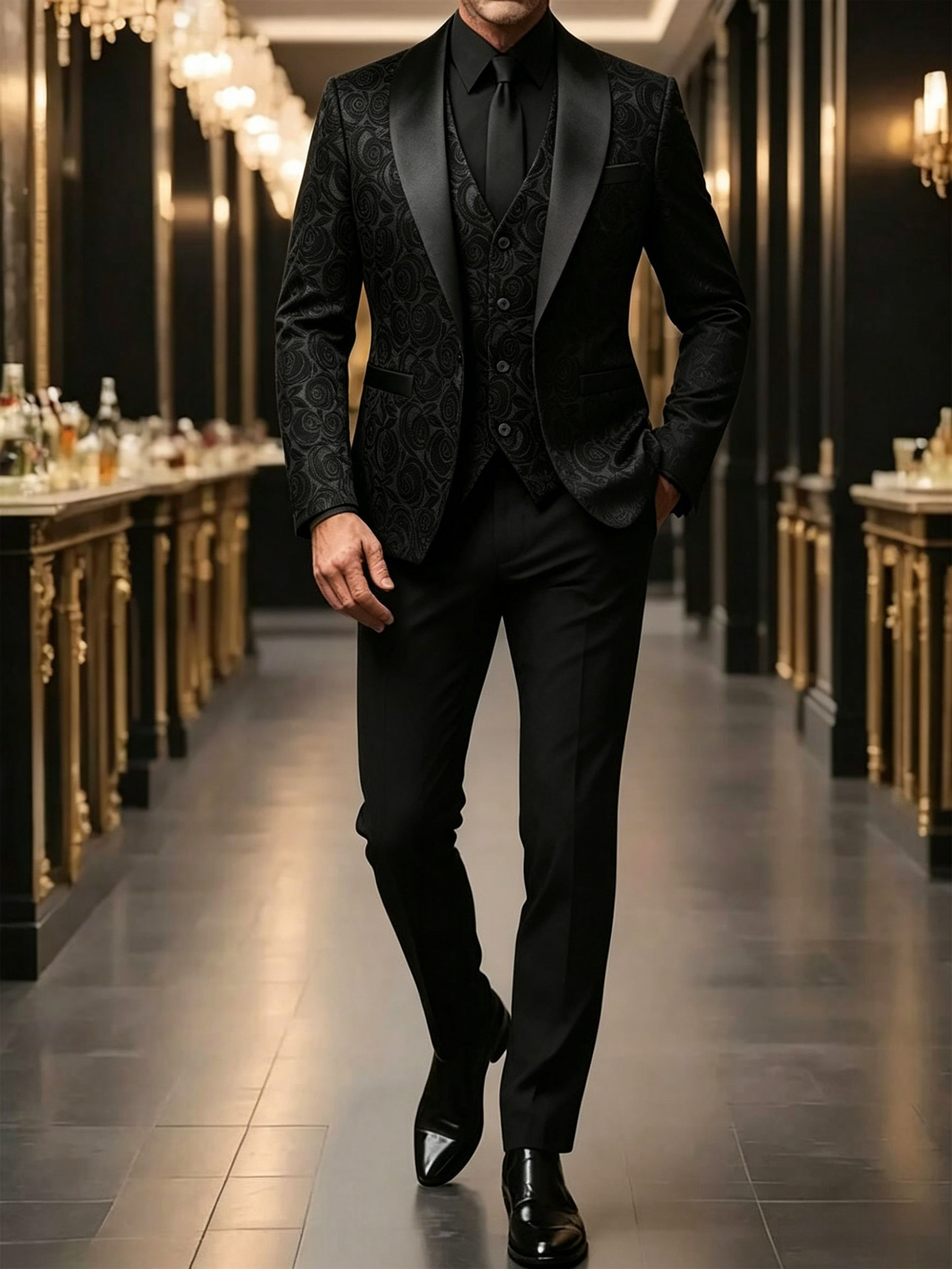 Abito da uomo tre pezzi per cerimonia con giacca e gilet jacquard_voghion.com