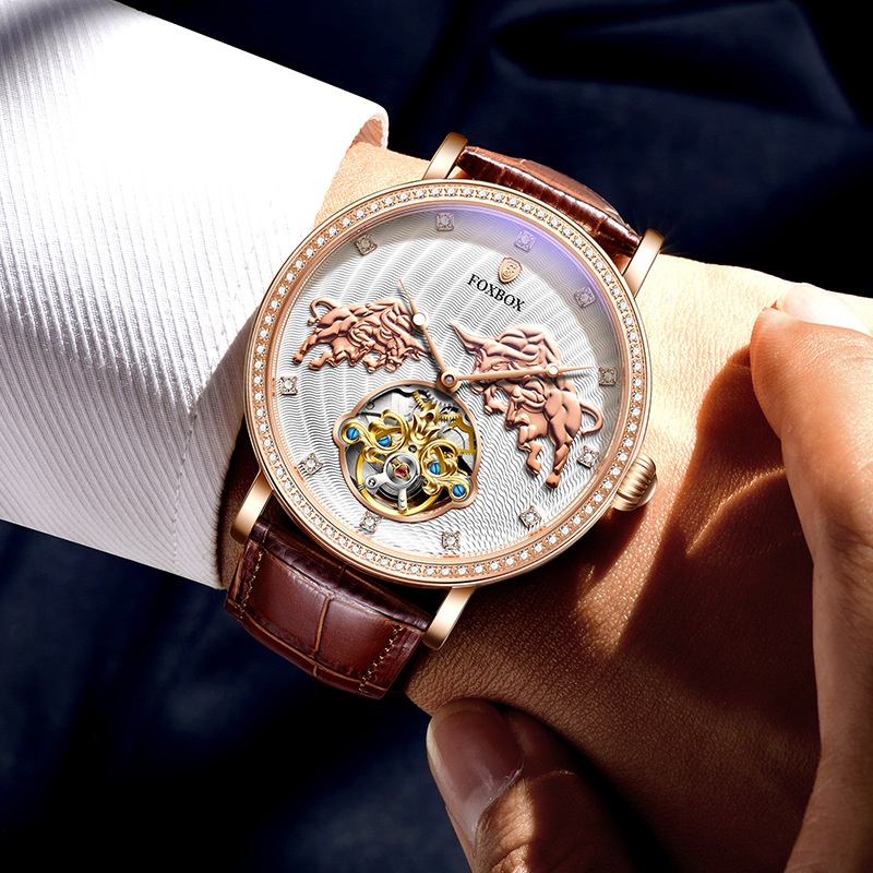 FOXBOX FB0003 nuevo cinturón Bull Hollow movimiento mecánico automático personalidad moda reloj de los hombres