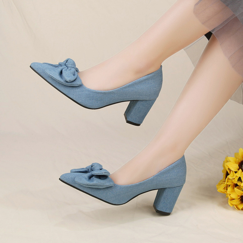 Lente Lage Uitsnijding Strik Dikke Hak Puntige Neus Hoge Hakken voor Dames Plus Size Elegante Denim Modieuze Export Schoenen_voghion.com