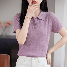 法式POLO领短袖羊毛针织衫女士T恤修身显瘦翻领气质洋气上衣t恤衫