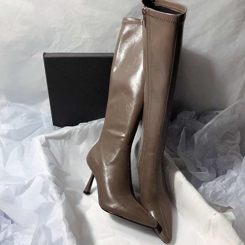New Senyu Hailiang High-heeled Thin Boots Long Barrel but Knee-pointed High Barrel Solid Color Leather Rear Zipper