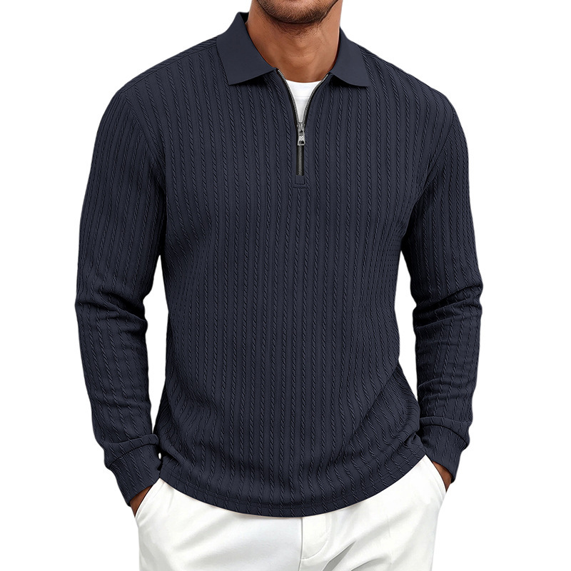 Men's long-sleeve zip-up polo shirt, European and American cross-border foreign trade, Wish autumn sports fitness casual stand-up collar elastic vertical stripe