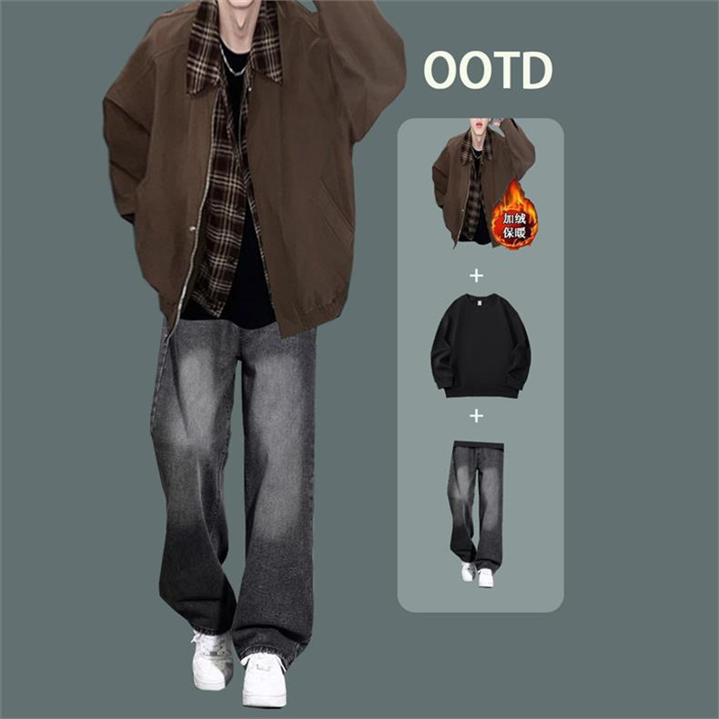 Autumn and Winter Short Lapel Jacket Boys suit High Street Fashion Brand Fake Two-piece Jacket Handsome Wear Men's Three-piece Set