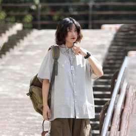 夏季小清新格子短袖衬衫男士潮流美式宽松情侣休闲百搭翻领衬衣潮