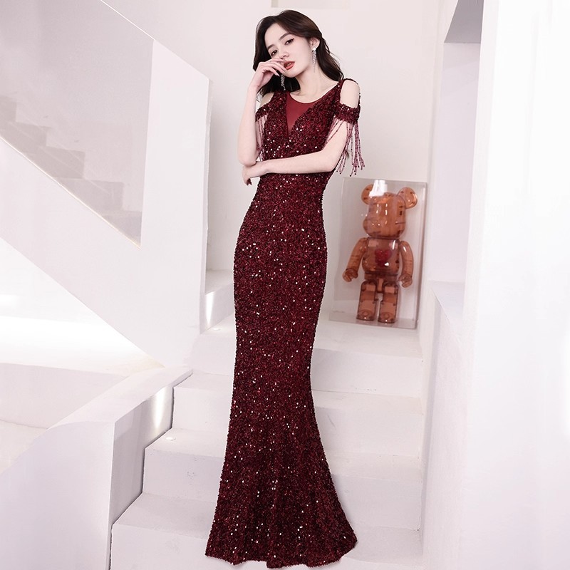 Evening Dress for Women, High-End New Style, Luxury Brand Dress, Banquet Luxury High-End Sequin Bridal Wedding Toast Dress