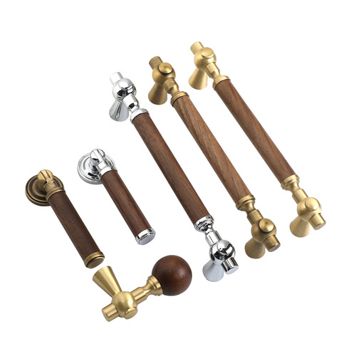 New Chinese Style Walnut Wood Cabinet Handle, Nordic Brass Wood Door Drawer Sphere Furniture Gold Single Hole Handle