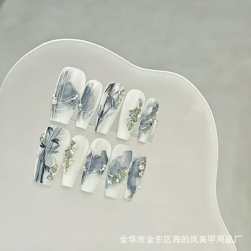 Ink painting blue vignetting new Chinese bamboo manicure hand-worn armour small fresh antique national style 2024 new style