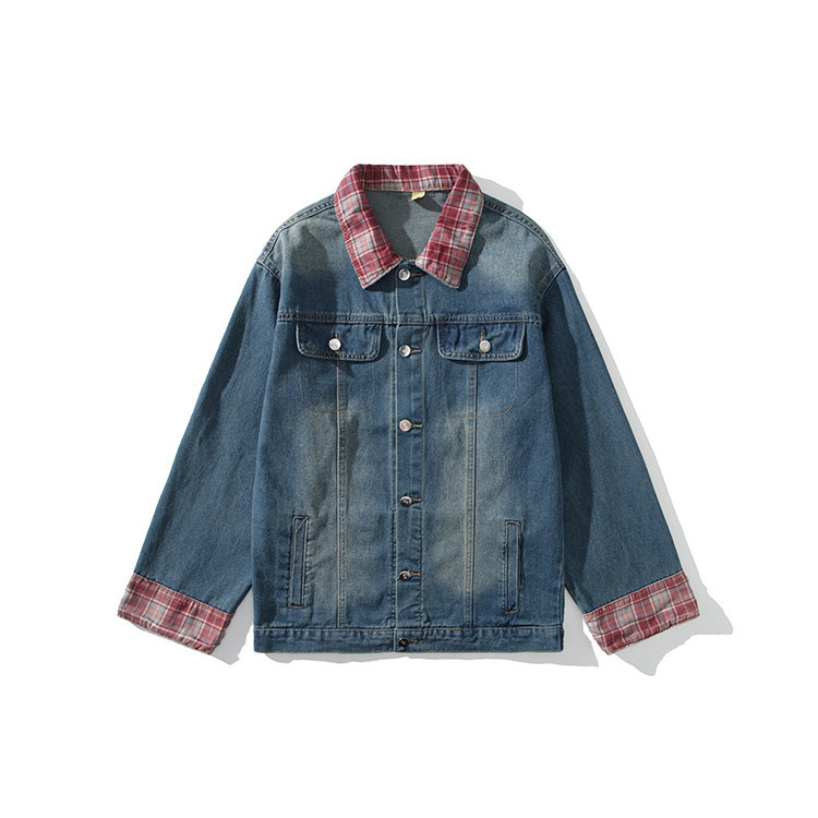 2024 couple Korean style plaid contrast collar design shoulder pad Denim jacket straight tube loose jeans suit men and women