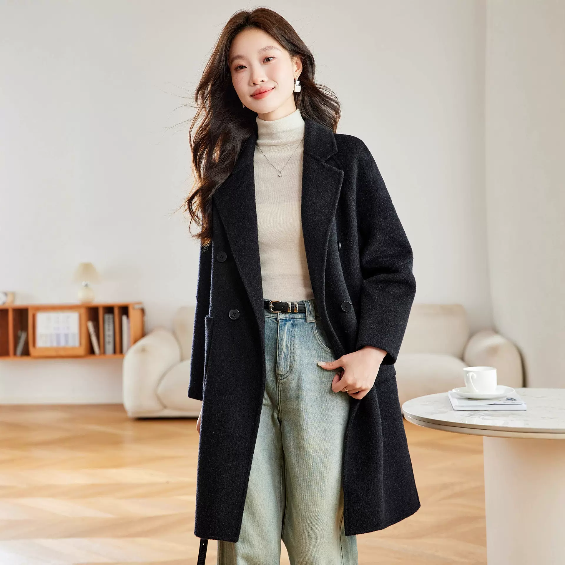 2025秋冬新款时尚双面呢子大衣女韩系显瘦气质中长款宽松毛呢外套
