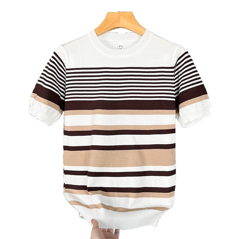Herren-Strickpullover mit schmaler Passform, Streifenmuster, kurzen Ärmeln und Rundhalsausschnitt im britischen Business-Stil – cooles und elegantes Color-Blocking-T-Shirt für den Sommer_voghion.com