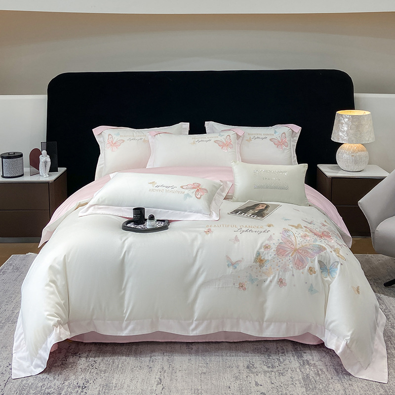 轻奢风60支双面刺绣四件套纯棉全棉高级感裸睡被套床单床笠床品4