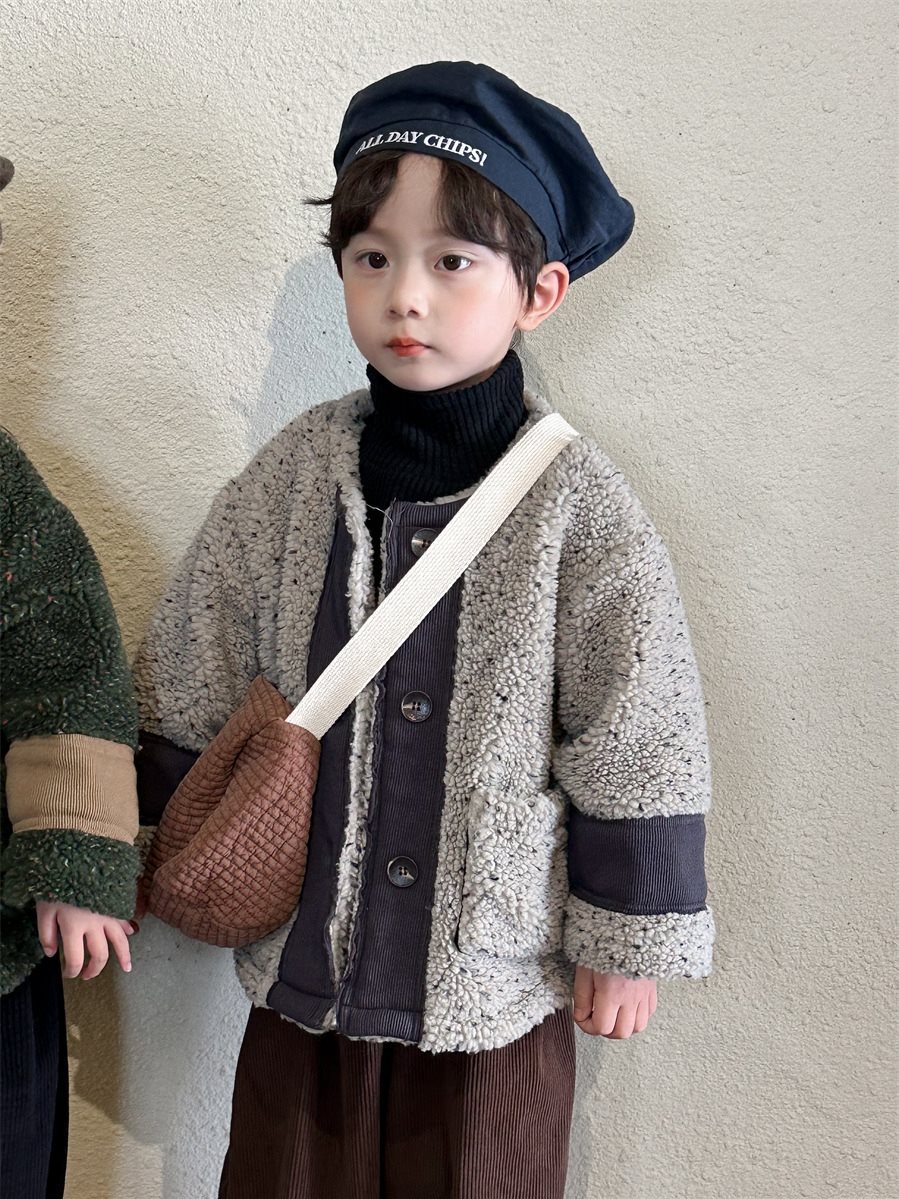 (2개) 캐시미어 코트 2023 겨울 착용 어린이 서양식 두꺼운 양고기 양모 코트 따뜻한 양모 스웨터 남학생과 여학생 한국어