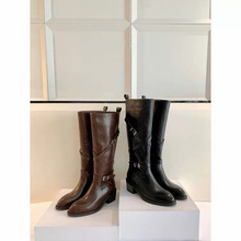 牛皮版尖头交叉扣带高跟靴子真皮粗跟高筒长靴显瘦机车靴女骑士靴