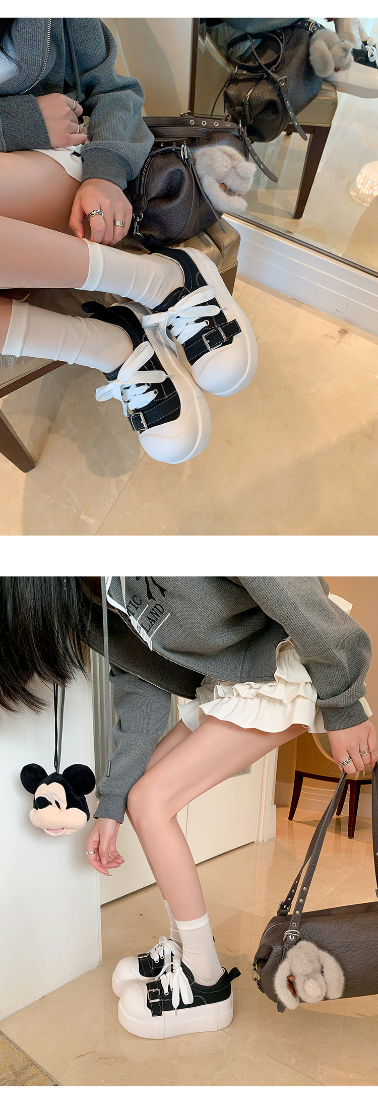 Giày sneaker nữ đế dày da thật phong cách platform khóa dây — màu đen, màu trắng chi tiết 10