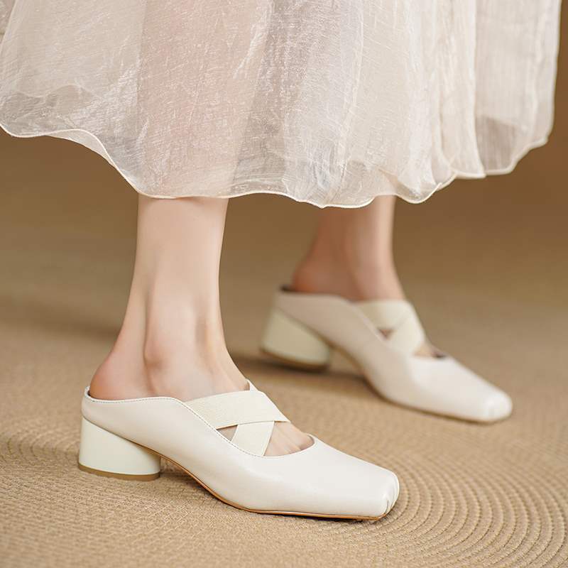 Plaid | 4cm French Pig Nose Ballet Style Baotou Slippers for Women Summer Outer Wear Thick Heel Pink Mary Jane Sandals