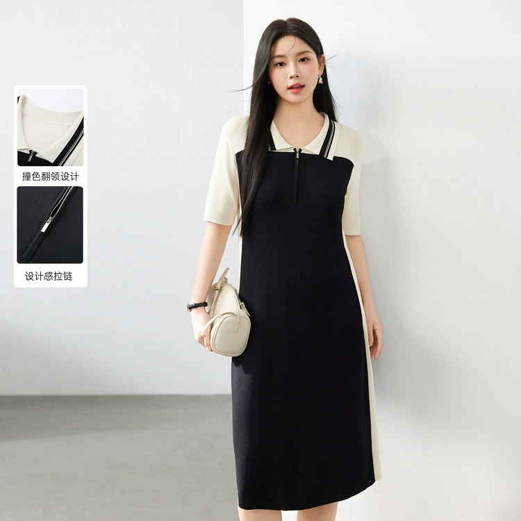 Цветное шоу большого размера женская легкая зрелая стилистика с ощущением контрастного цвета с лацканом трикотажное платье жирное mm2024 летнее платье новое