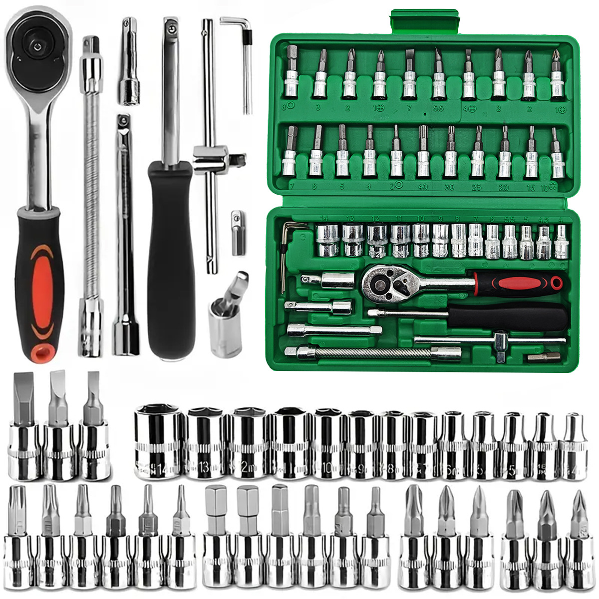 46 piezas llave de manguito fly 1 / 4 llave de trinquete conjunto de herramientas de hardware para automóviles para el hogar conjunto de acero de aluminio