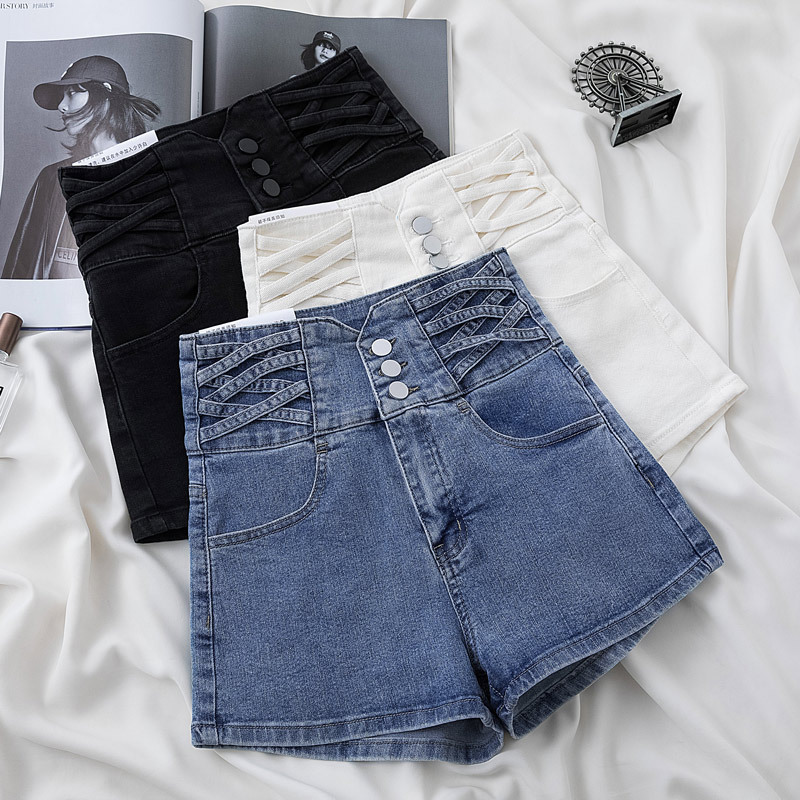 High-Waisted Denim Shorts for Women 2025 Summer New Korean Style Versatile Slimming Elastic Tummy Control Slim Fit Hot Pants for Women High-Waisted Denim Shorts for Women 2025 Summer New Korean Style Versatile Slimming Elastic Tummy Control Slim Fit Hot Pants for Women
