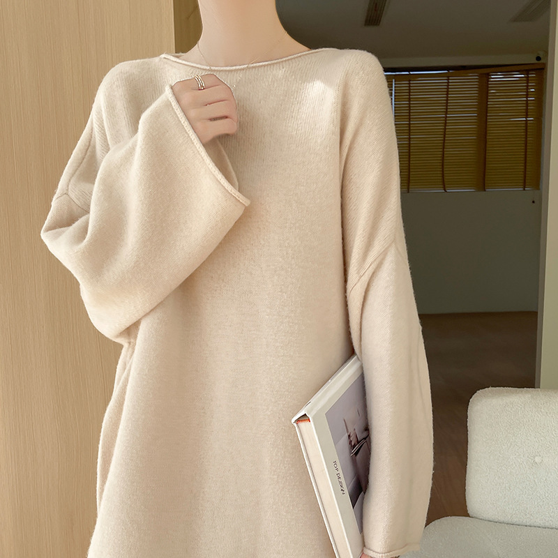 2025 New Autumn and Winter Woolen Sweater Women's Round Neck Knitted Wide Version Outer Sweater Cashmere Mid-Length Loose Lazy Base Layer