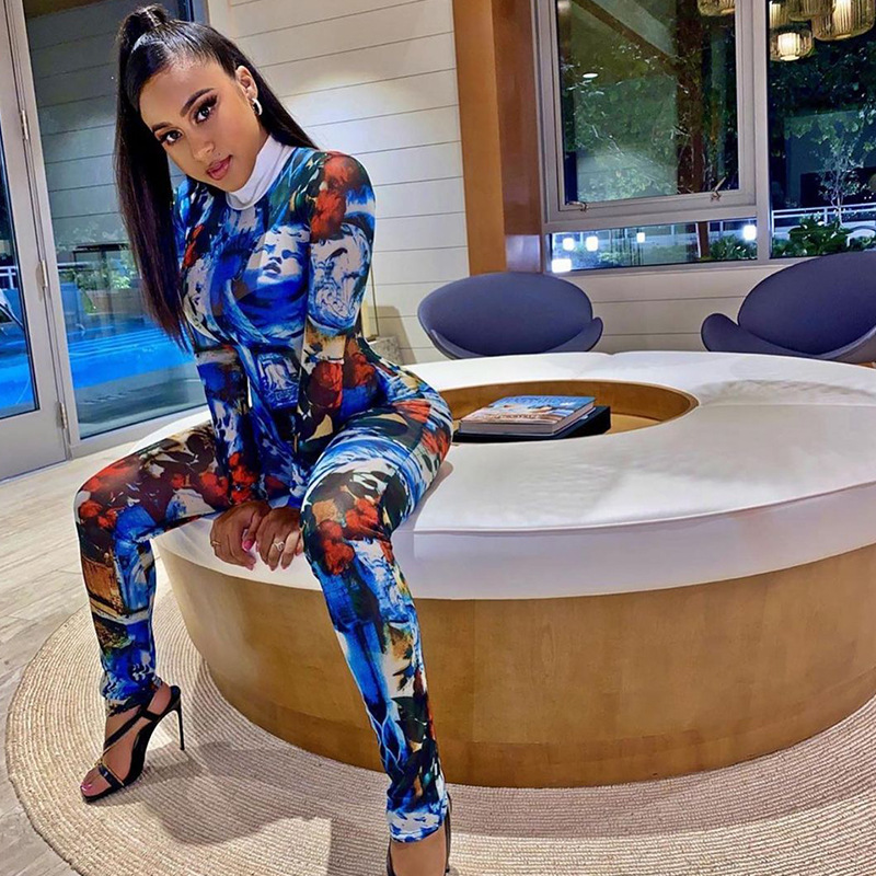 irregular printing round neck long sleeve cool jumpsuit NSRUI57733