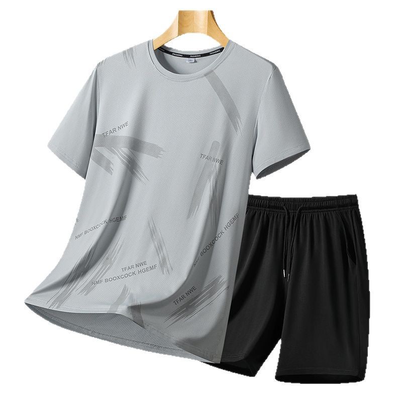 2025 nuevo traje de manga corta de seda de hielo real para hombre de verano, pantalones de dos piezas para hombre, traje de ocio deportivo, pareja al aire libre