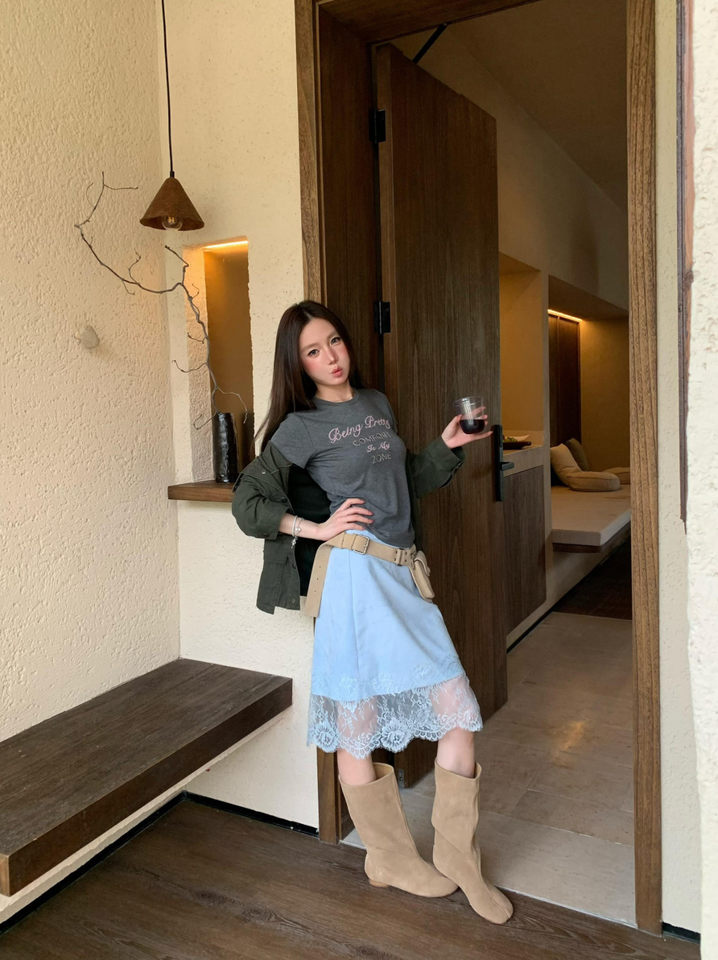 Bốt nữ cổ lửng gót thấp đế bệt xẻ ngón phong cách retro co giãn ôm chân — Màu nâu nhạt chi tiết 10