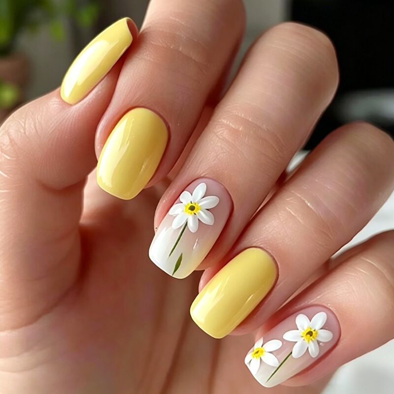 Bright yellow daisy square-shaped press-on nails with fresh hand-painted floral designs, perfect for spring and summer outings, enhancing skin tone and enhancing beauty