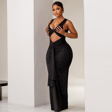 欧美风跨境女装个性纯色紧身显瘦绑带包臀裙性感裹胸镂空长连衣裙