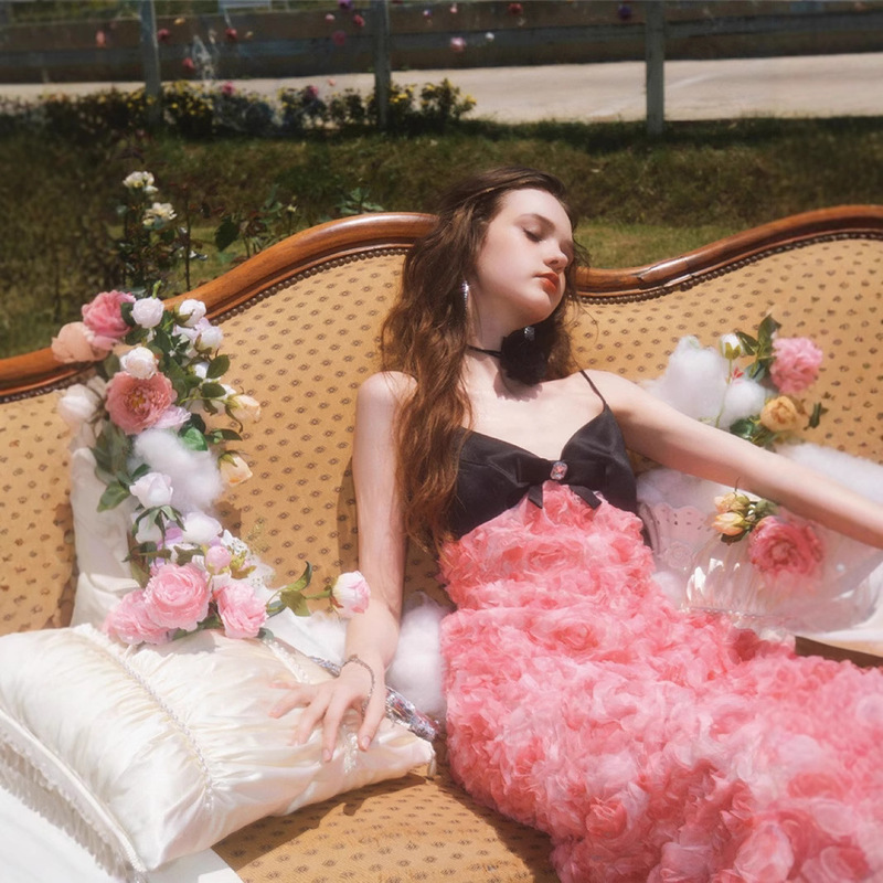 Spell Black Pink Rose Sling Long Dress Fairy Beach Dress Backless Sexy