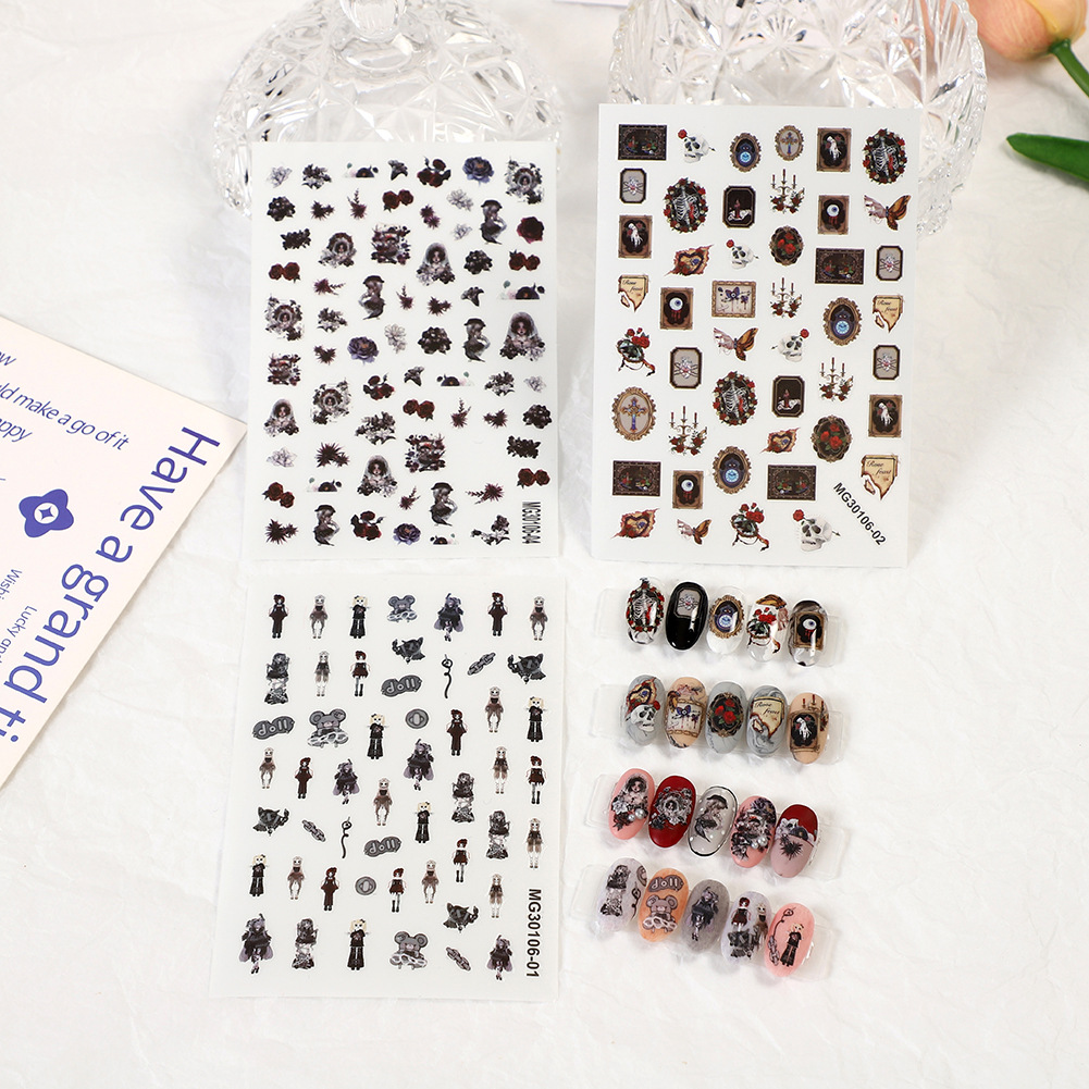 玫瑰美甲日系暗黑血色蝴蝶鬼新娘doll贴纸浮雕指甲贴片饰品配饰