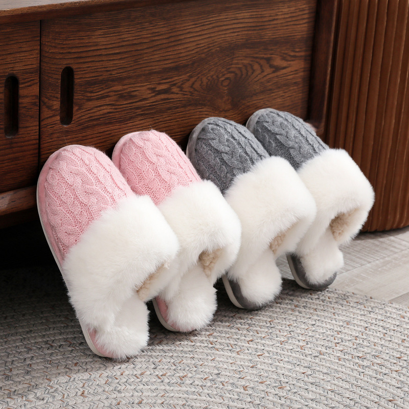 Cross-Border Men's and Women's Plush Cotton Slippers Chenille Twist Knitted Fleece Lined Amazon Home Thickened Slippers
