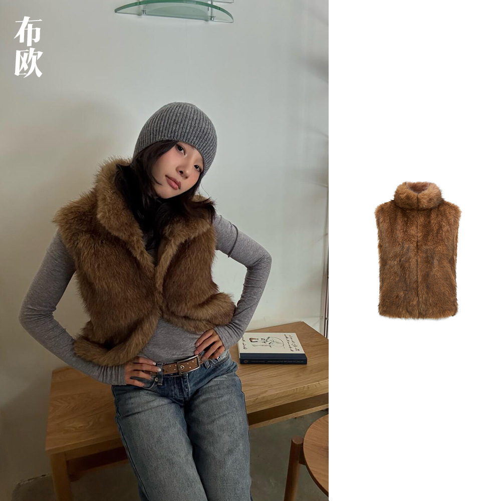 “詹詹同款”南油女装RA新品皮毛一体百搭短款环保皮草马甲外套