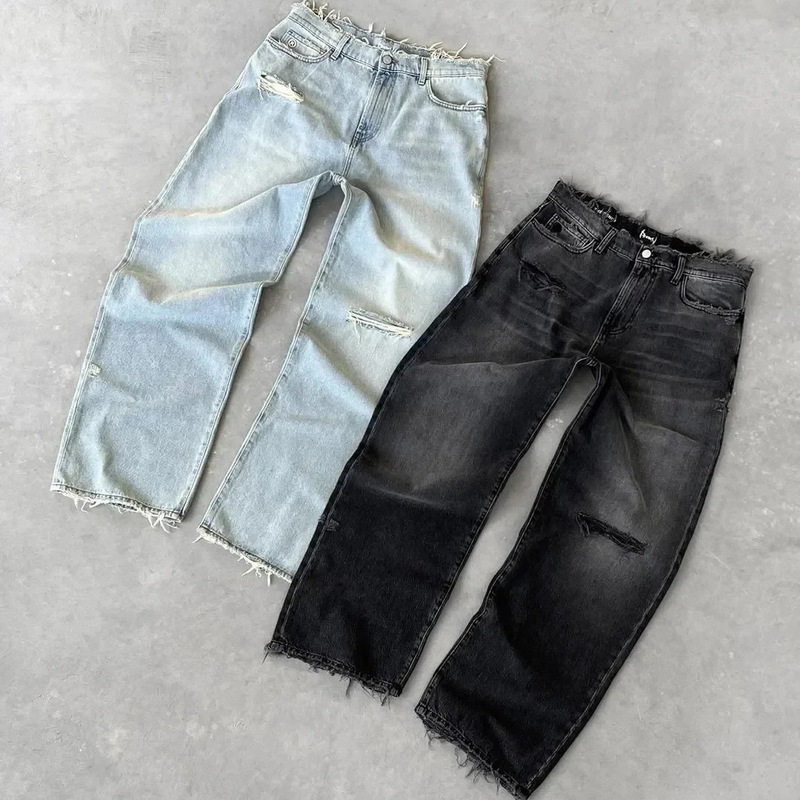European and American Cross-Border Washed Distressed Solid Color Jeans for Men and Women, Street Fashion Casual Jeans European and American Cross-Border Washed Distressed Solid Color Jeans for Men and Women, Street Fashion Casual Jeans