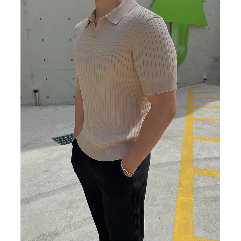 Polo de seda de hielo americano suéter delgado de manga corta con cuello apilado en forma de v para hombre camiseta de punto de manga ajustada fresca y transpirable