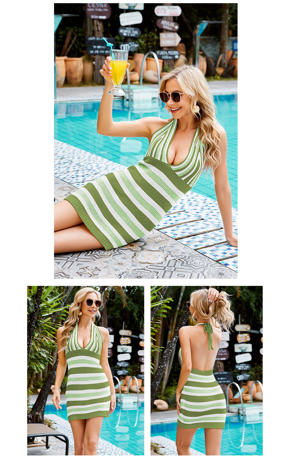 hanging neck backless v neck striped knitted beach dress NSWJY118214