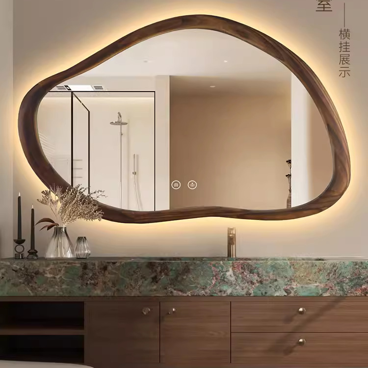 Medieval Style Retro Bathroom Mirror American Bathroom Solid Wood Smart Makeup Mirror Scandinavian Special-Shaped Decorative Wall Mirror