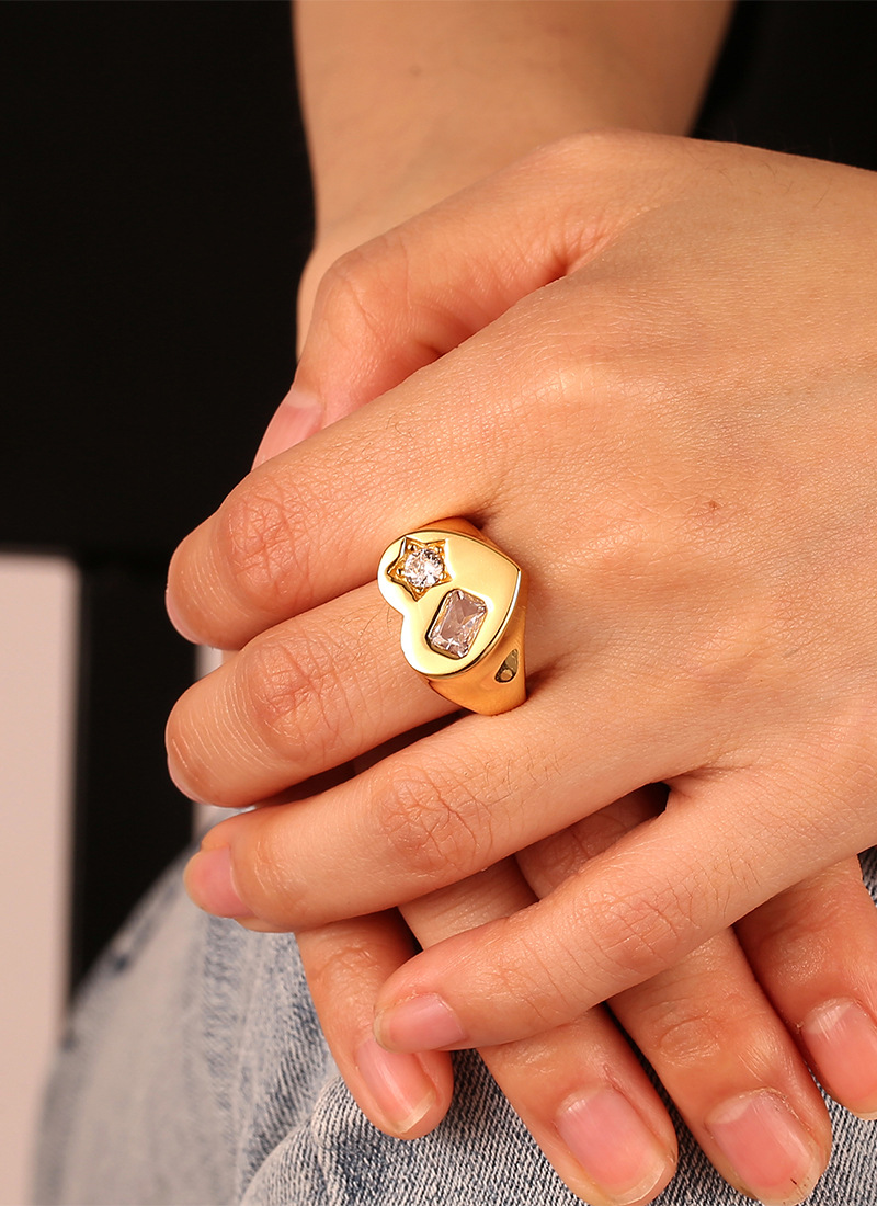 Daily Occasion Copper Material Heart Shape Pattern Simple Style Heart Shape Copper Plating Inlay Zircon Gold Plated Rings