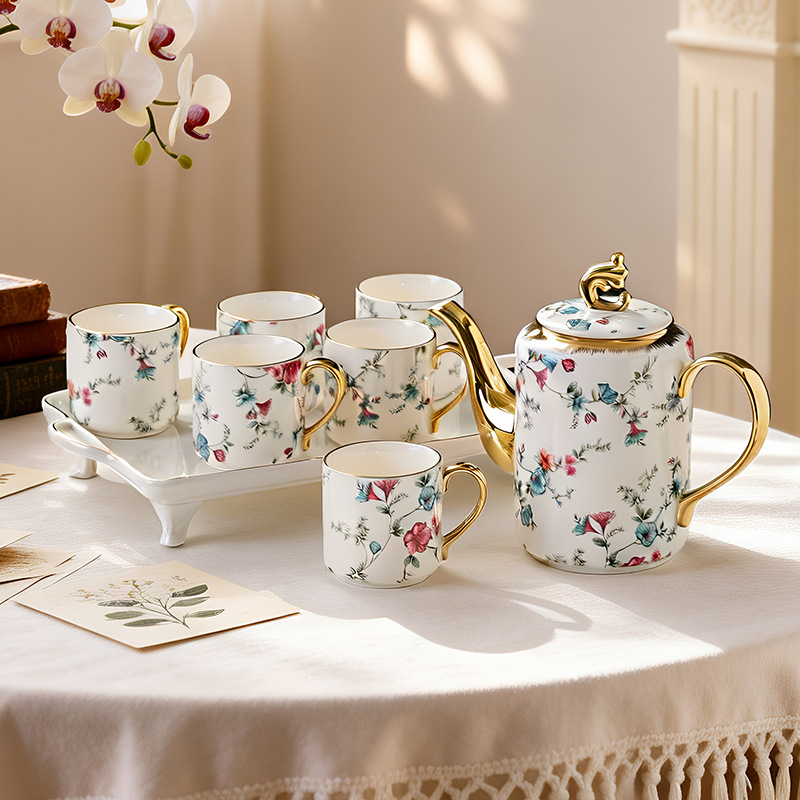 Light Luxury Floral Ceramic Tea Set with Gold Accents, Home-Use Teapot, Vintage and Elegant, 1 Pot and 6 Cups, Waterware Gift Box Set