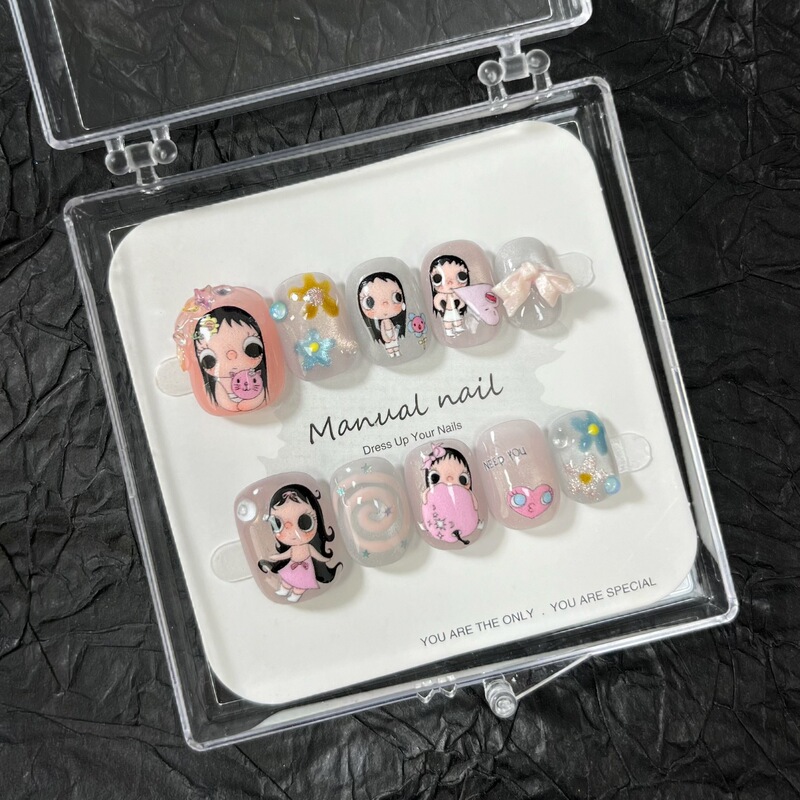 【Xiaoyu】Purely Handmade Cute Cartoon Girl Short Round Wearable Nail Stickers Removable A768 【Xiaoyu】Purely Handmade Cute Cartoon Girl Short Round Wearable Nail Stickers Removable A768