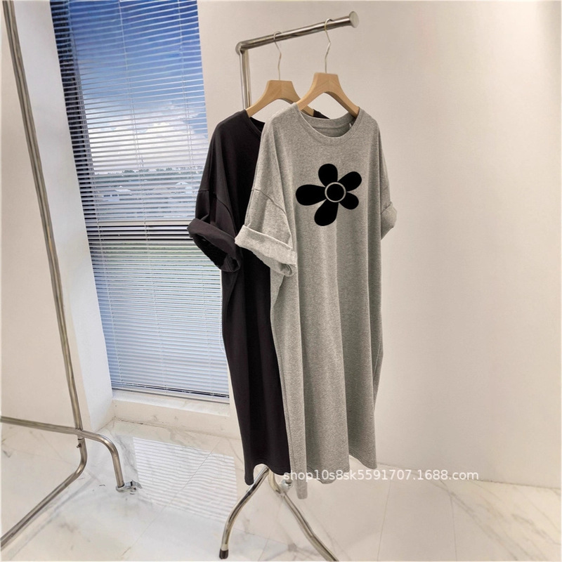 Casual T-Shirt Dress Women's Mid-Length Loose Korean Style Plus Size Women's Fat mm Slim Gray Dress Women's Summer Dress